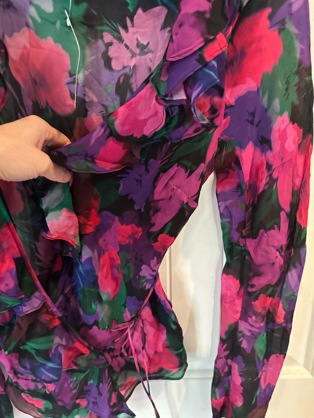 J. Crew Vibrant Floral Ruffle Wrap Blouse in Purple, Green, Pink romantic fairy - Picture 6 of 7